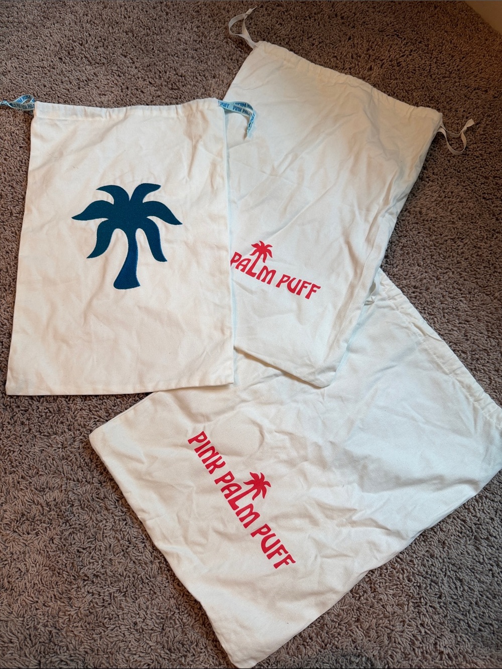 3 pink palm puff drawstring dust bags